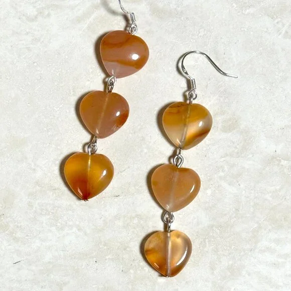 2/$20, Genuine Orange Agate Stone Heart Silver Dangle Earrings - Picture 2 of 11